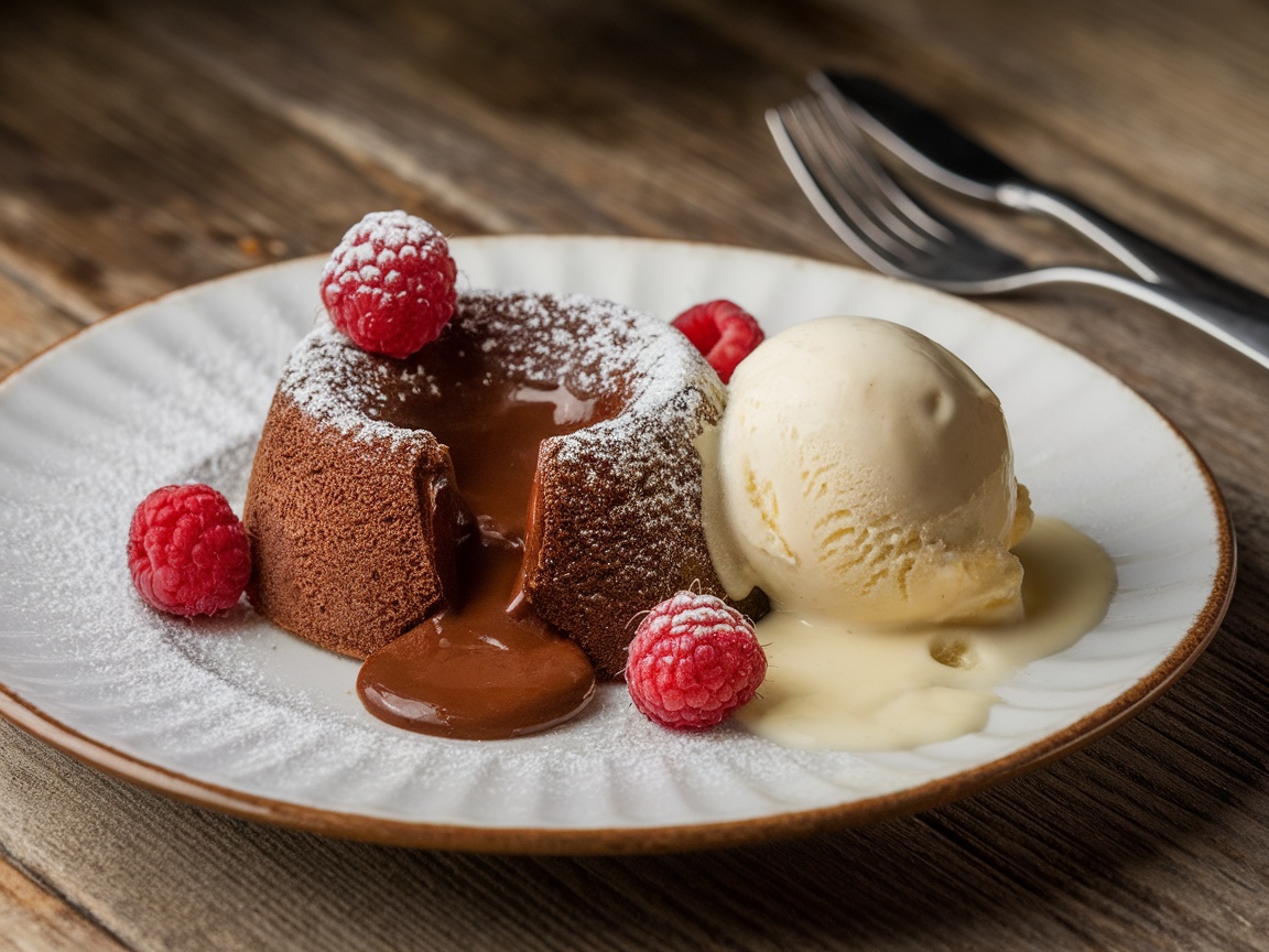 A molten chocolate lava cake oozing chocolate, garnished with raspberries and vanilla ice cream on a wooden table.